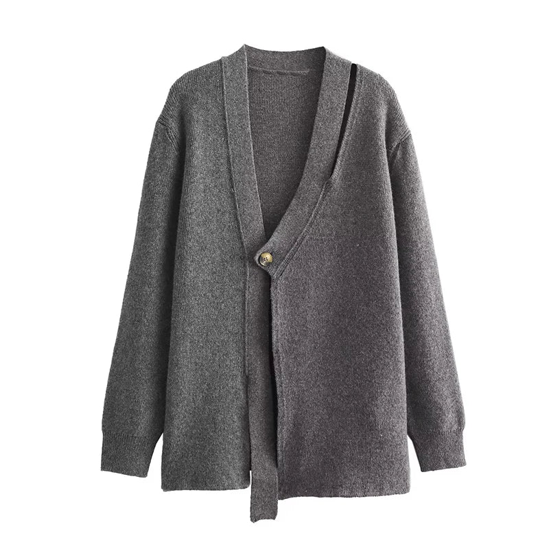 Autumn Women Single Button Cut Out Knit Wool Blend Cardigan Coat