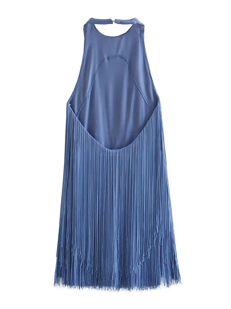 Women Blue Backless Halter Short Fringed Dress