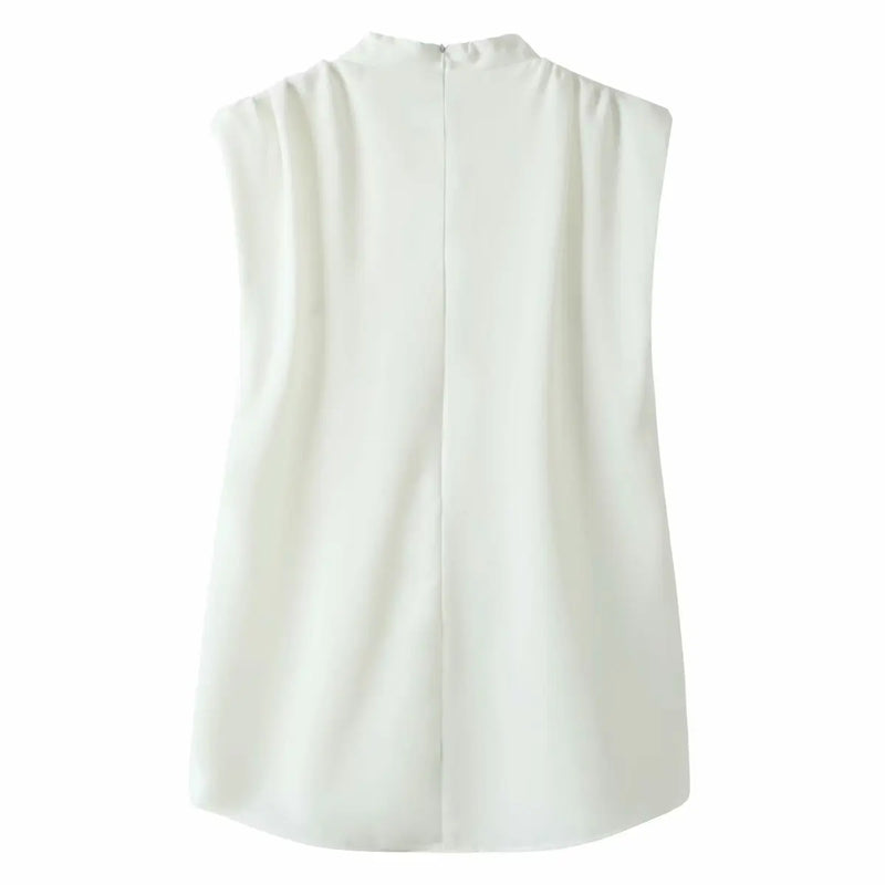 women stand collar pleats sleeveless smock shirt ladies blouses chic tops