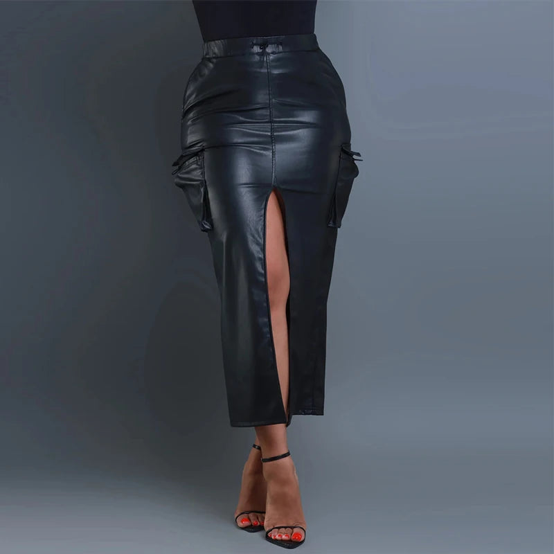 Women Matte Leather Elastic Waistband Pencil Skirts Lady Skirt