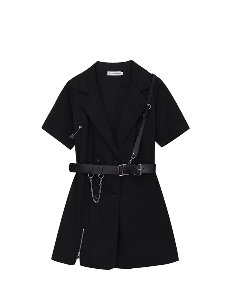 Women Gothic Punk Black Blazer Dress Short Sleeve Summer High Waist With Belt Streetwear Goth Dress Girl