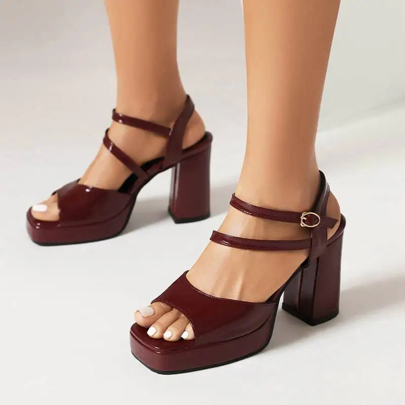 Female Sandals Square Toe Heels 10cm Platform 2cm Double Buckle Straps