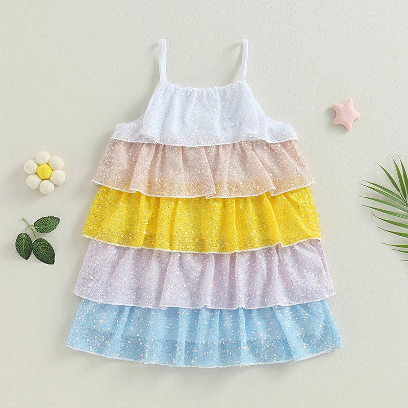 Summer Kids Girls Dress Contrast Ruffles Sleeveless Dress Casual Clothes Princess Dress