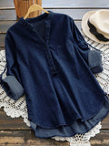 Women's Denim Blue Shirts Autumn Blouse Casual Button V Neck Long Sleeve Tops Jean Tunic