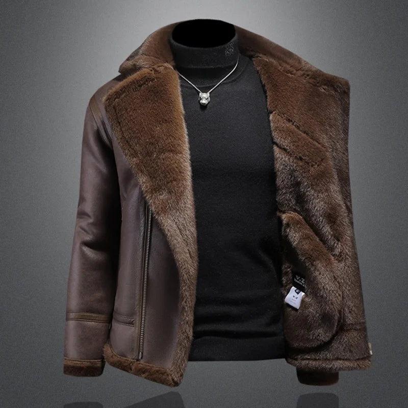 Men Leather Patchwork Fleece Jackets Winter Motorcycle Coats for Male