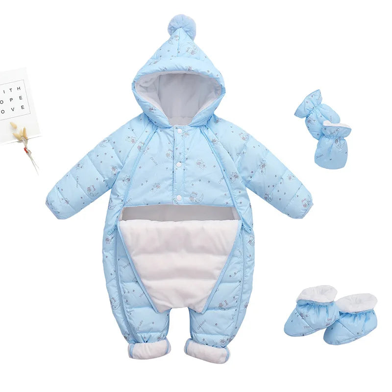 Baby Jumpsuit Thickened Hooded Print Newborn Outdoor Romper Warm Boutique Down Jacket Rompers