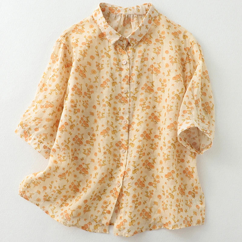 Thin Light Soft Cotton Blend Floral Prairie Chic Loose Summer Blouse shirts Women Casual Blouse