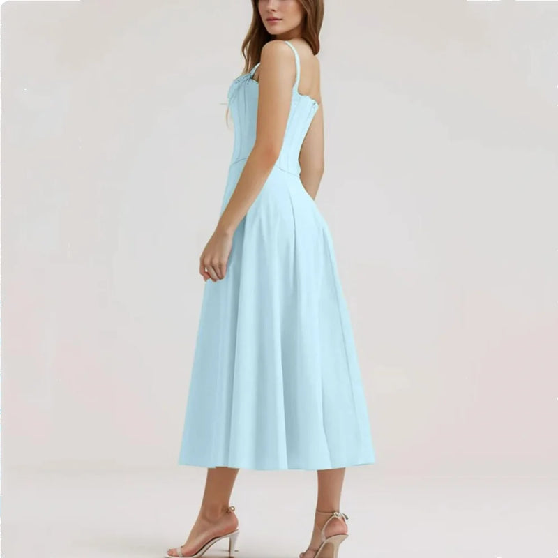 Aqua blue Hem Slit Swing Midi Dress With Bow Strap Slim Corsets Crop Top Fairy