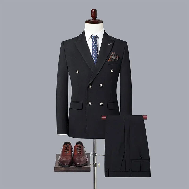 Men's Casual Boutique Double Breasted Business Suit Jacket Trousers Pants Set Blazers Coat