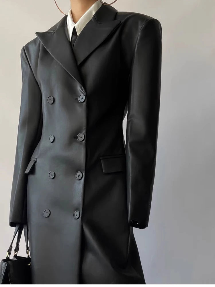 Leather Trench Coat for Women Shoulder Pads Double Breasted Luxury European Clothes