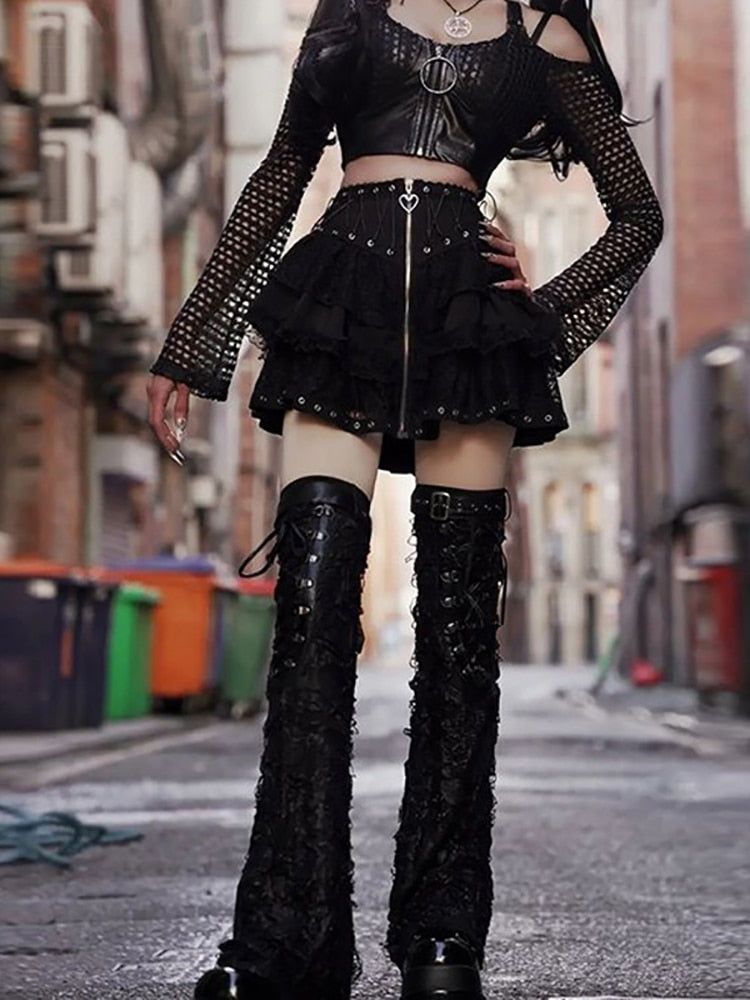 Dark Lace Patchwork Mall Gothic Pleated Skirts Grunge Aesthetic Punk Bandage Zip Up Mini Skirt Women Streetwear Alt Clothes