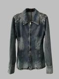 Women's Denim Shirt Lapel Shoulder Pad Waist Retraction Zipper Slim Distressed Blouse Summer