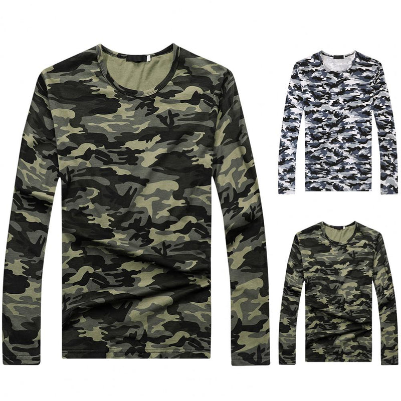 Men Camouflage Base T-shirt Pullover Loose O Neck Long Sleeves Breathable Casual Men Autumn Top