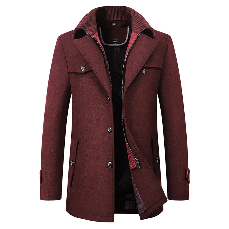 Winter Men's Woolen Windbreaker Coat Solid Trench Slim Fit Business Casual Wool Jacket Blends