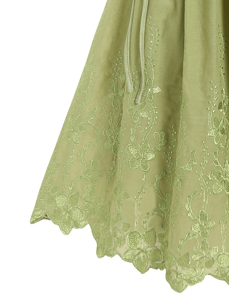 Flower Embroidery Dress Lace Up Mock Button Adjustable Straps Backless Robe Light Green For Spring