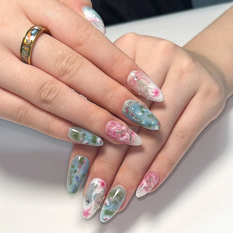 Fresh Almond Nails with Flower Charming Comfortable to Wear Manicure Nails for Women