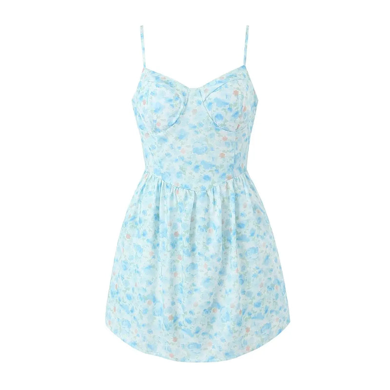 Summer Dress Women Spaghetti Straps Mini Floral Print Dresses Holiday Short Sundress