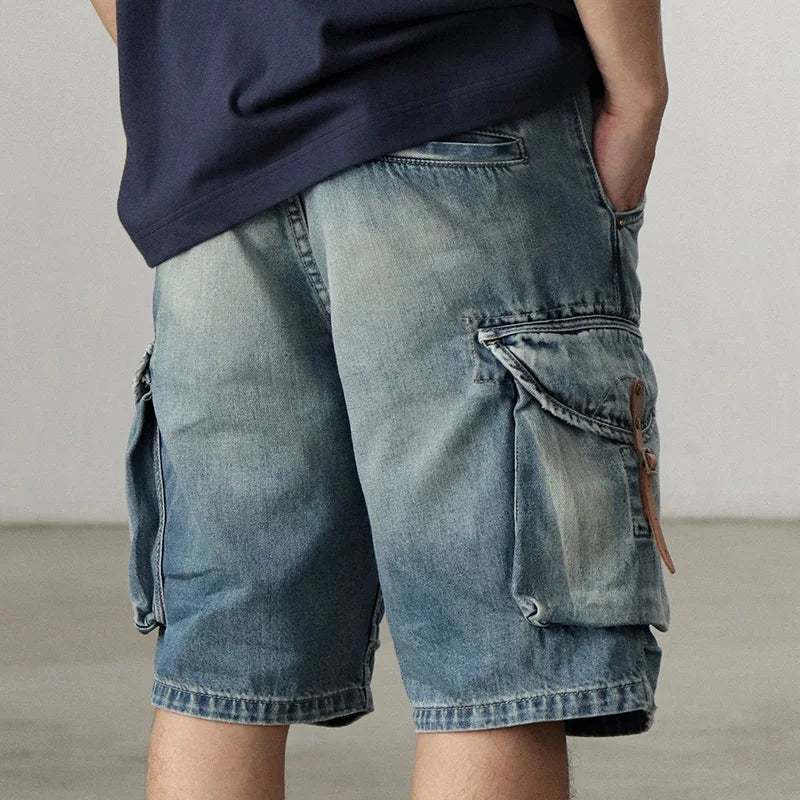 Retro straight wash denim shorts for men