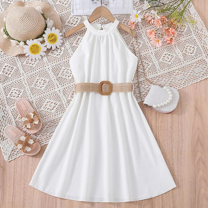 Summer Kids Girls Casual Dress Sleeveless Solid Off Shoulder Beach Dress Belt Clothes