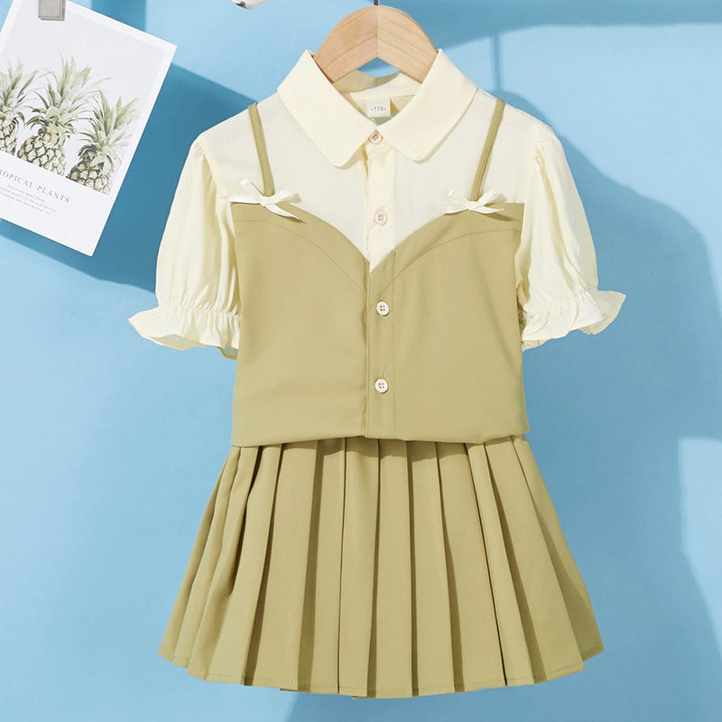 Pleated Skirt and Short-Sleeve Blouse with Vest for Girls