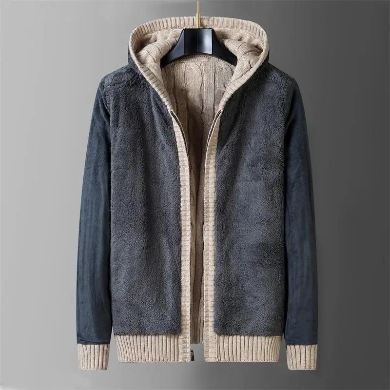 Men Fleece Warm Black Khaki Knit Winter Sweater  Wool Liner Cardigan Knitted  Hooded Sweater Knitwear Jackets Coat Clothing