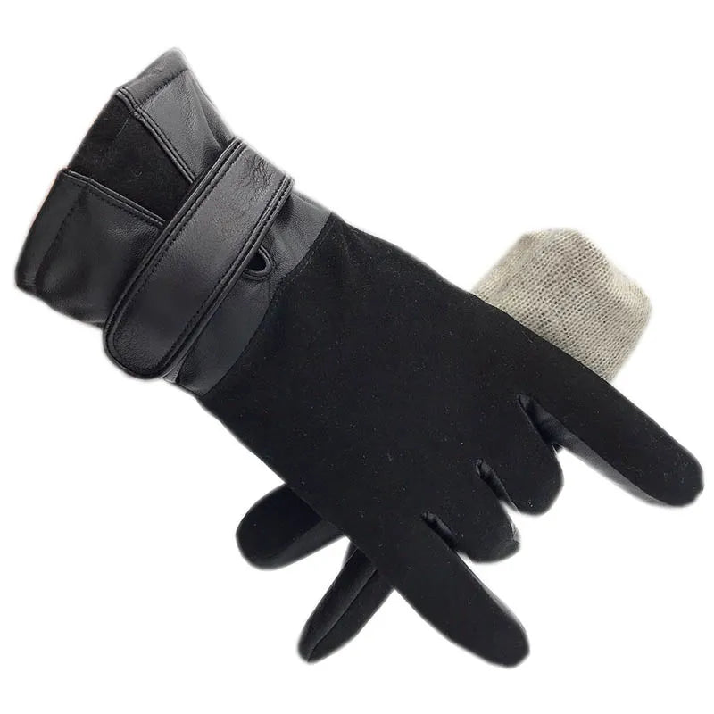 Winter men's leather gloves wrist genuine leather gloves wool lining machine sewing warm driving