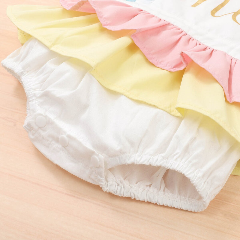 Cute Infant Baby Girl Birthday Romper Ruffle Sleeveless Golden Letter One Crown Jumpsuit Bow Fluffy Skirt