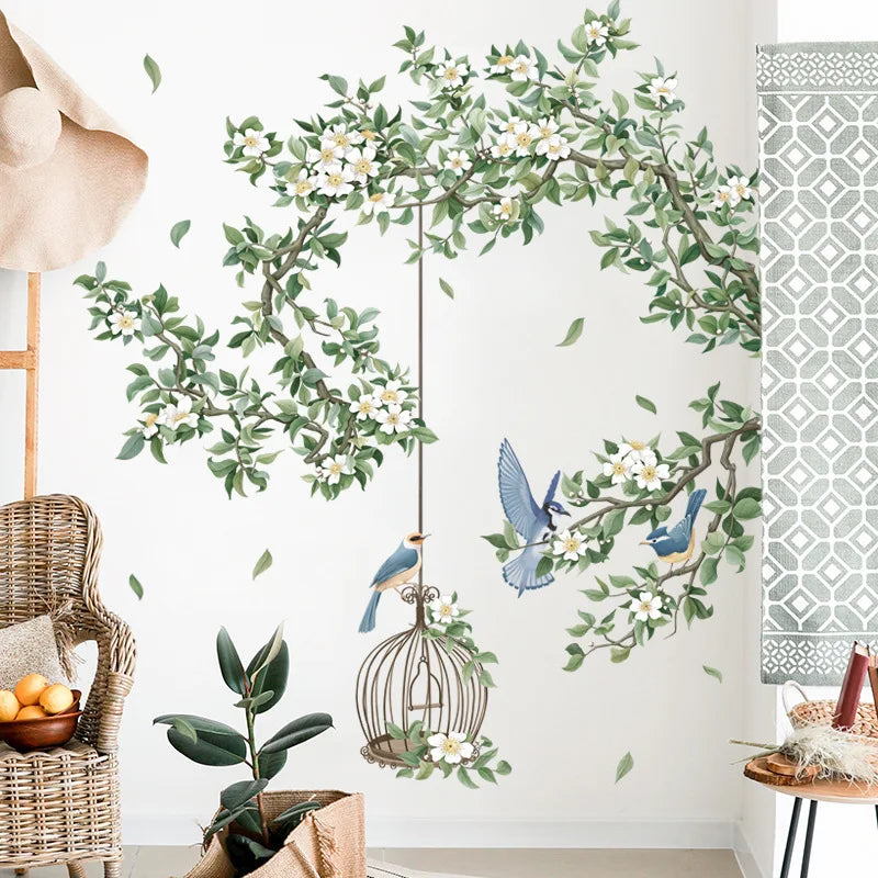 Flower Birdcage Flying Birds Wall Sticker Creative Home Decor Living Room Decals Wallpaper