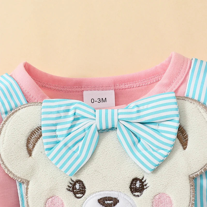 Spring Infant Baby Girls Bodysuit Dress Short Sleeve Cartoon Embroidery Jumpsuit Headband Clothes