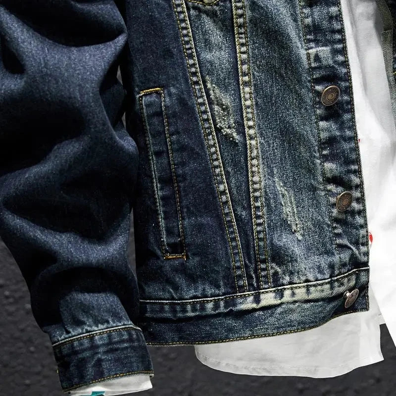 Men Denim Jacket Embroidery Ripped Casual Motorcycle Outwear Male Clothes