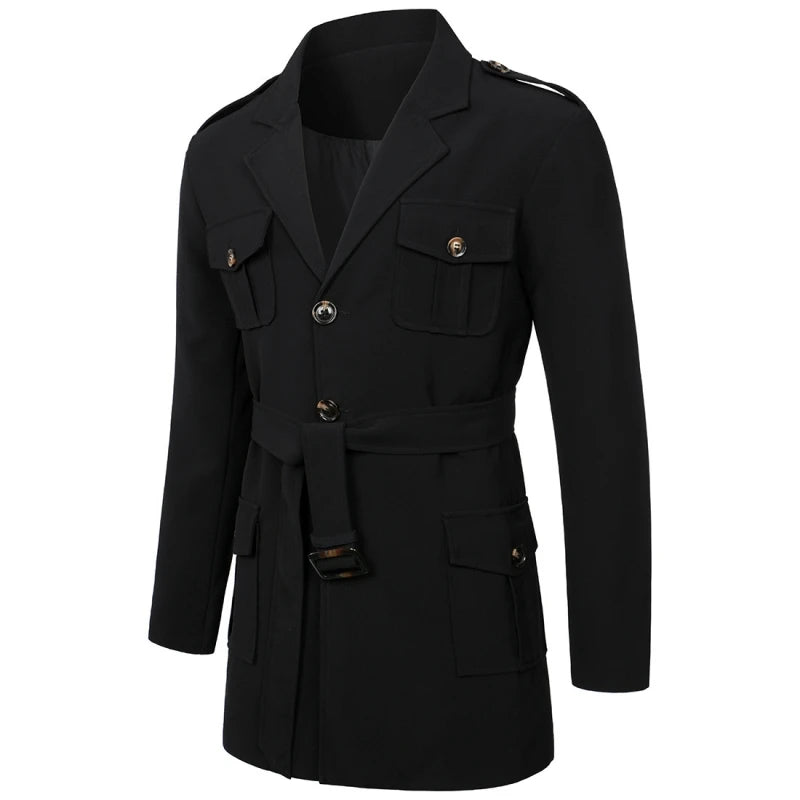 Mens Spring Autumn Windbreak Overcoat Long Trench Coats with Belt for Men Coat Double Breasted