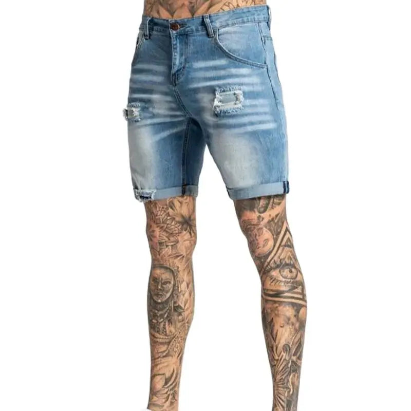 Men Stretch Short Jeans Casual Slim Fit Elastic Denim Shorts Male Hole Out Short Jeans