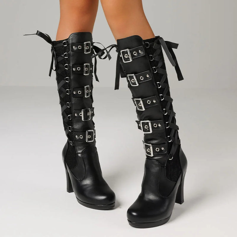 Boots For Women Lace Up High Heel Mid Calf Boots Narrow Gothic Shoes Winter