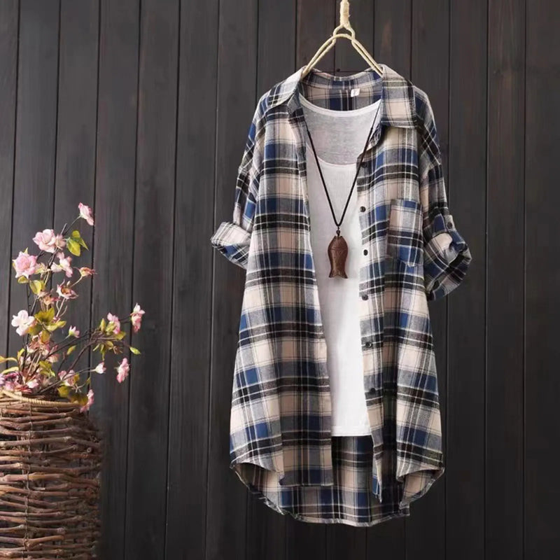 Women Casual Plaid Oversized Loose Button Shirt Blouse Female Mid-Length Top Plaid Shirts