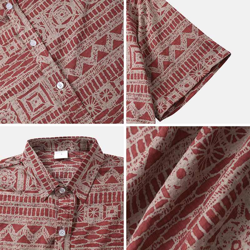 Men Ethnic Style Geometric Pattern Blouse Casual Streetwear Male Short Sleeve Lapel Shirts