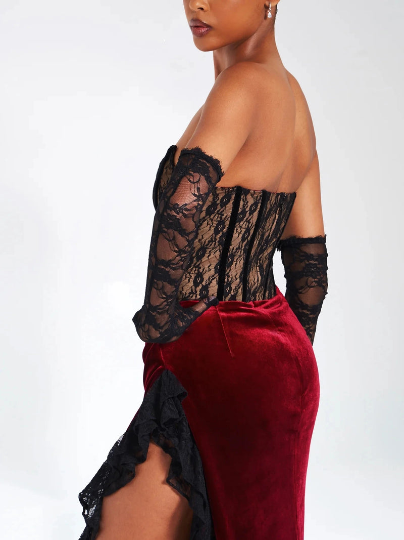 Strapless Lace Patchwork Off Shoulder Backless High Slit Slim Dress Elegant Evening Party Gown