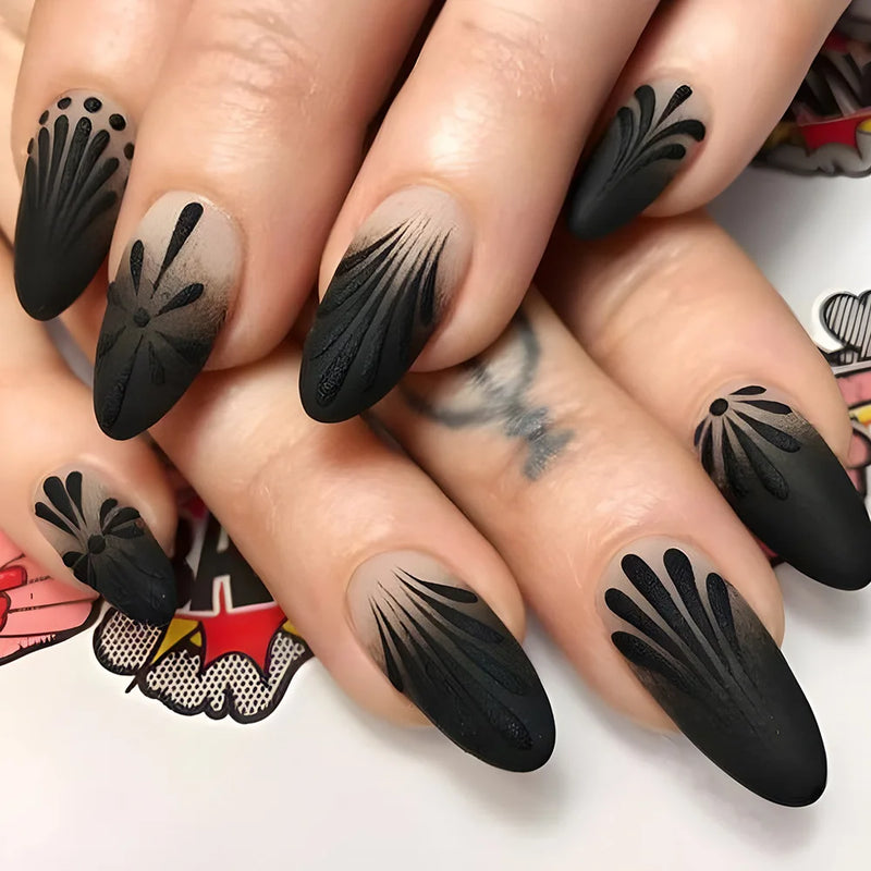 Matte Black Nails Sweet Cool Spice Girls Style Press on Nails Wearable Detachable European Almond