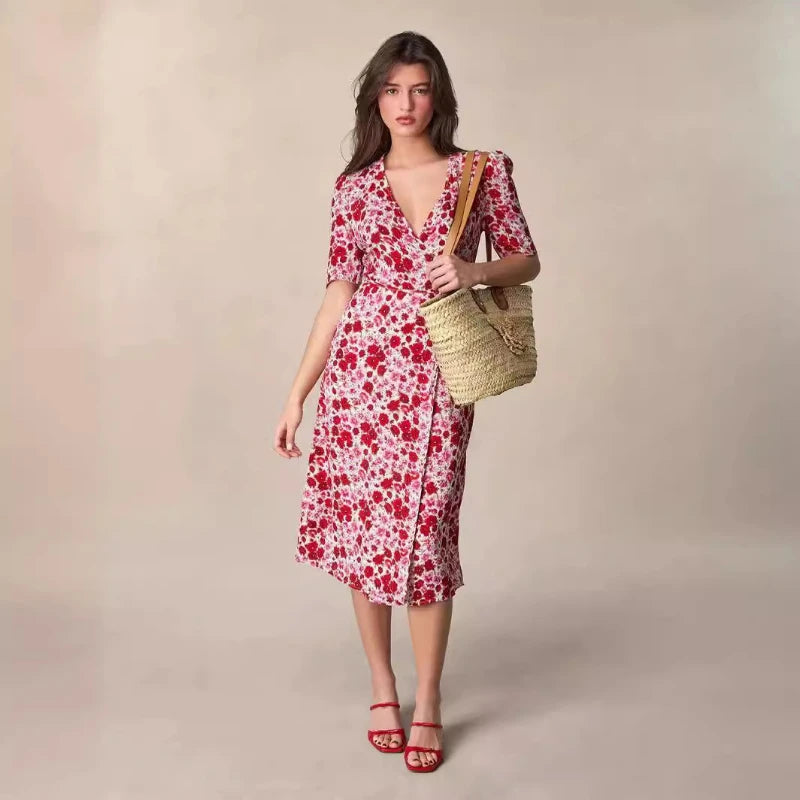 Women Spring Summer Style Floral V-neck Lace-up Dress