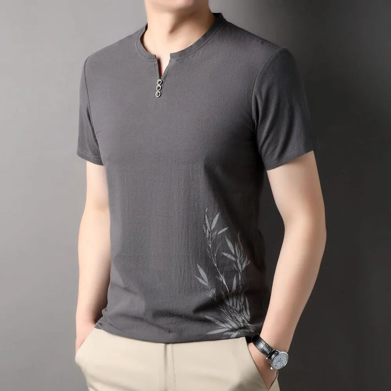 Mens Short Sleeve T-Shirt Cotton Linen Top Thin Casual Crewneck National Trendy Style Menswear Top