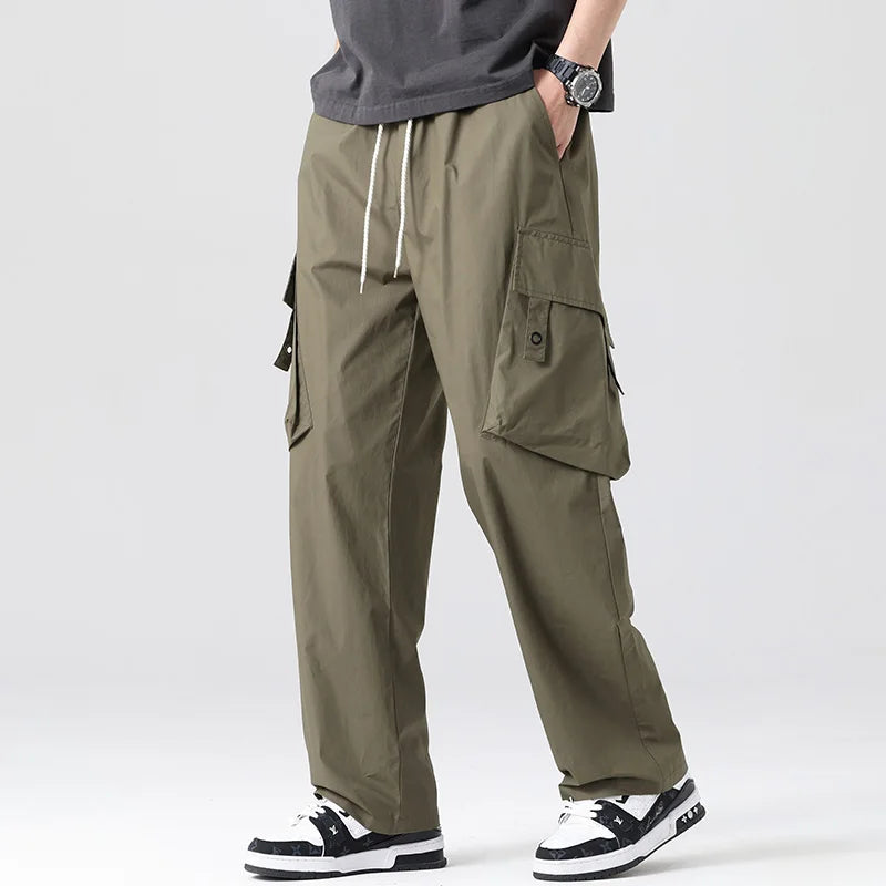 Men Cargo Pants Loose Casual Pants Straight Slanted Pocket Pants