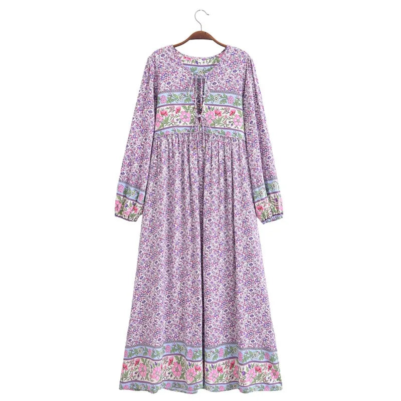 Lavender Small Flower Bow Lacing up Neck Long Straight Dress Women Viscose Cotton Full Sleeve Maxi Holiday