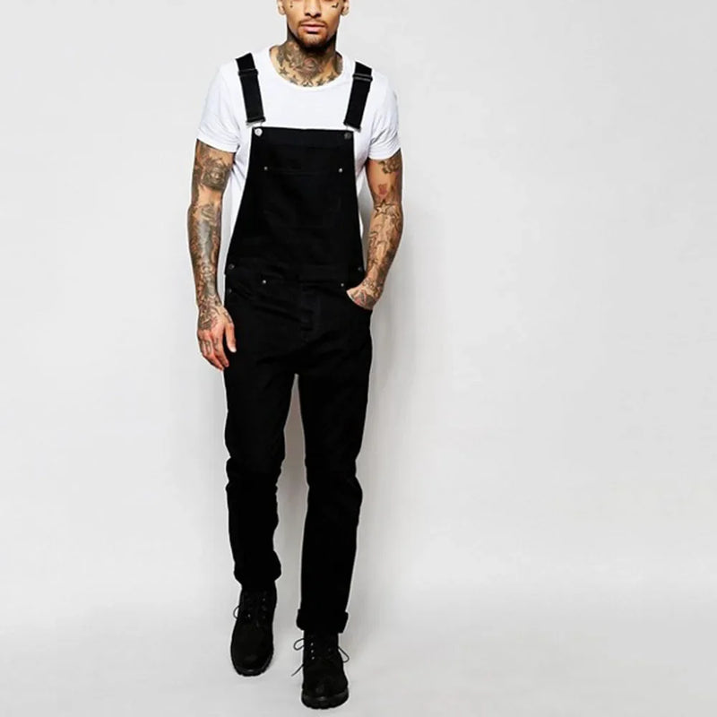 Autumn Men Overalls Men Casual Loose Long Denim Pants Splice Straight Rompers