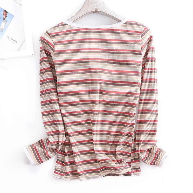 Women's Bra T-Shirts Striped Lace Tops Tees Round Neck Long Sleeve