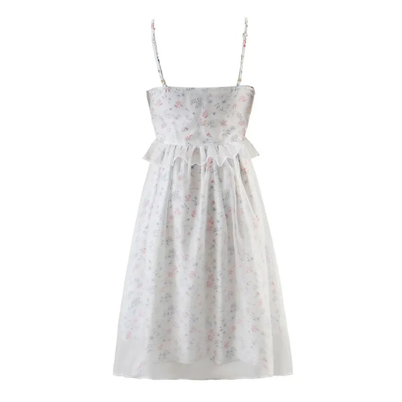 Princess White Floral Ball Gown Sling Organza Dress Women Buttons Slit Spliced Wood ears Swing Midi Fairy