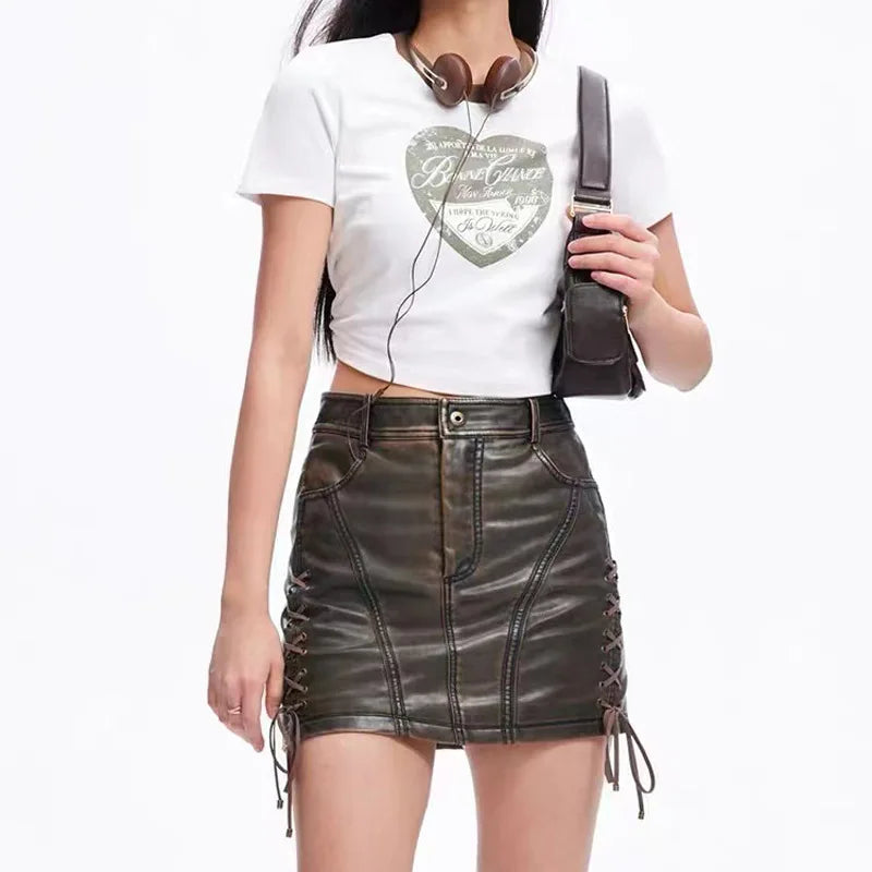 Women Mini Skirts Distressed Leather Club Wrap Straps Skirt