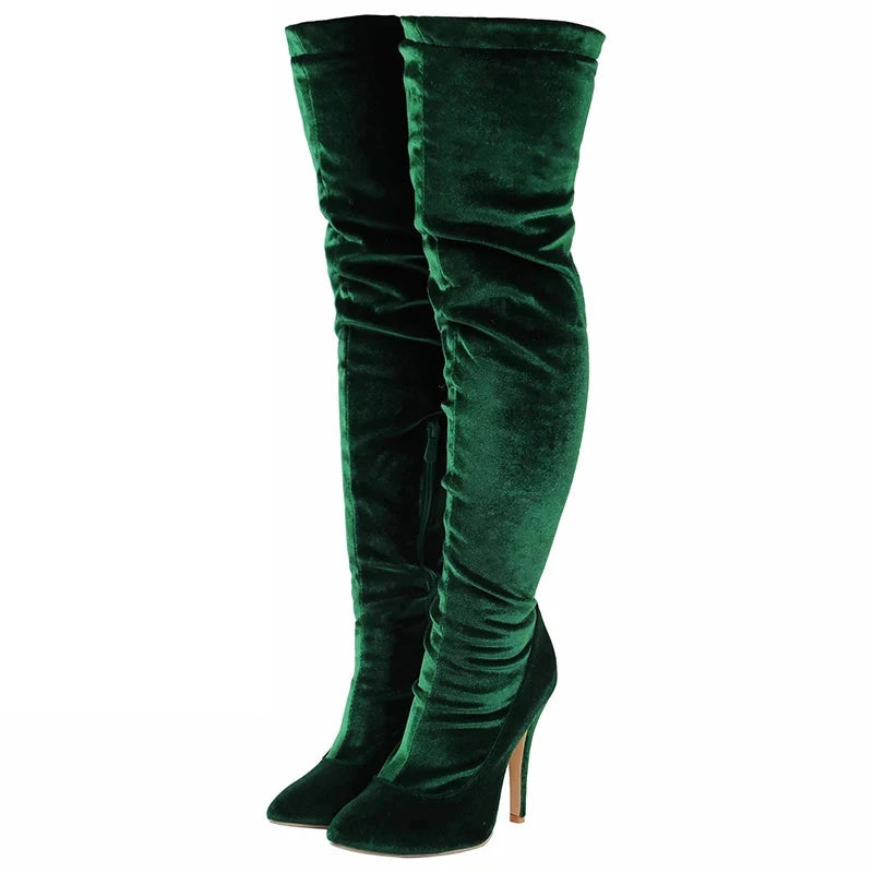 Velvet Long Boots For Women Spring Autumn Over Knee Shoes Toe Heels Elastic Thigh Boots