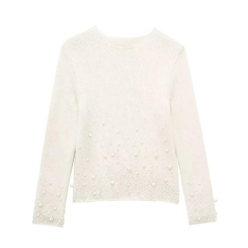 Elegant Women's Pearl Beaded Knitted Sweater Women's Slim Fit Mini