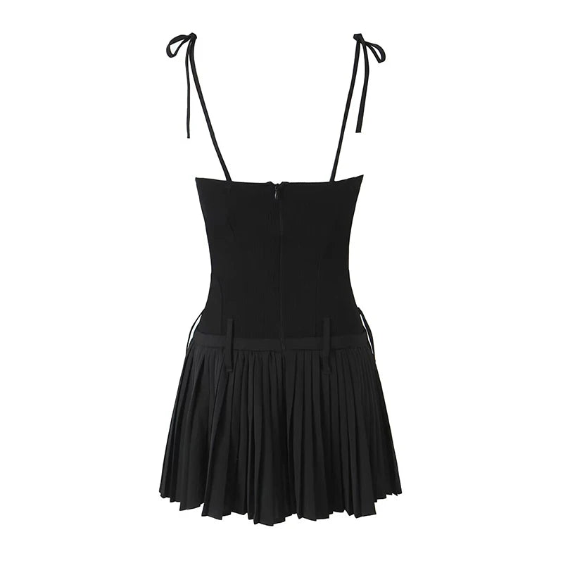 Women Pleated Hem Slim Mini Sling Dresses Lace Trim Low Waist Ladies Party Dress Summer Skater Robe