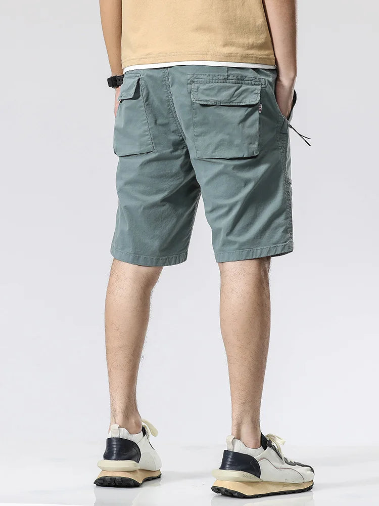 Summer Cargo Shorts Men Solid Cotton Drawstring Elastic Waist Casual Short Male Straight Beach Shorts