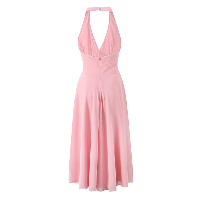 Backless Pink Halter Dress For Women Sleeveless A-line Midi Party Dresses Summer